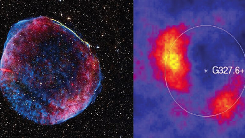 Resto di Supernova 1006: a sinistra nella banda X, vista dal satellite Chandra, a destra nella banda gamma all’estremo più alto, vista dai telescopi HESS.